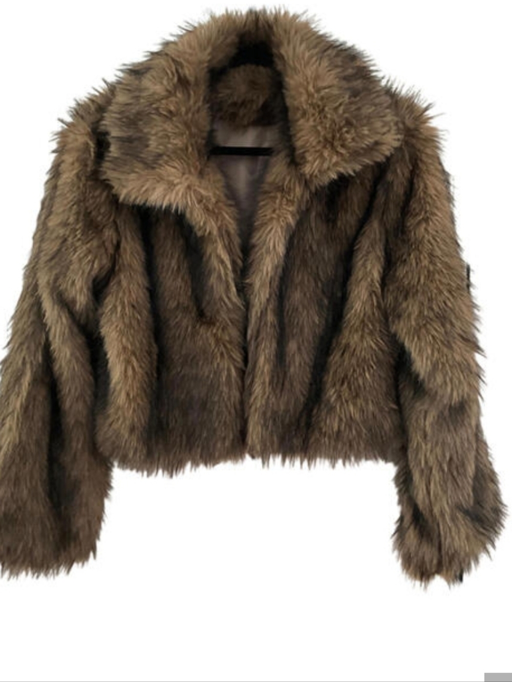 NWT Luxury Sz M Brown Cropped Faux Fur Coat Chic IT Girl Street Style Glam Vibe - Picture 9 of 9
